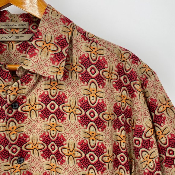 Vintage Mens AXIST Linen Hawaiian Shirt / Brown Red & Orange Wood Block Design L - Picture 3 of 7